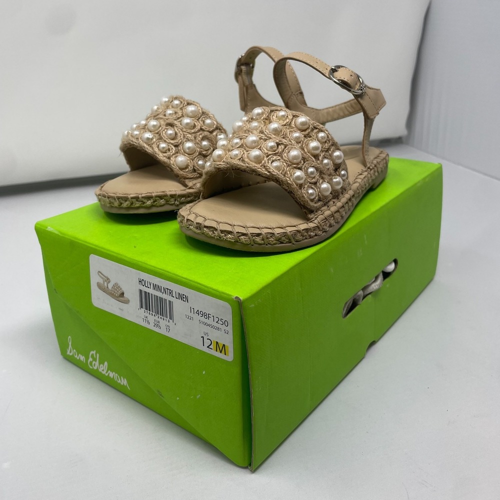 Sam Edelman Dress Sandals Girls Size 12 Natural Linen Holly Mini Pearls New